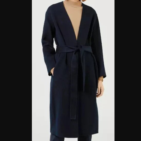 VINCE Wool-Cashmere-Blend Belted Collarless Coat in Navy Blue - Picture 2 of 7